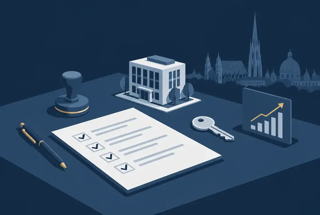 Unternehmensgründung in Österreich – Checkliste, Firmenbuch-Stempel, Bürogebäude und Wachstumskurve vor Wiener Skyline